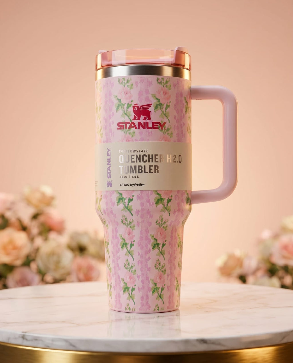Stanley Quencher H2.0 40oz Floral Pink Tumbler | Double Wall Insulated Travel Mug with Handle