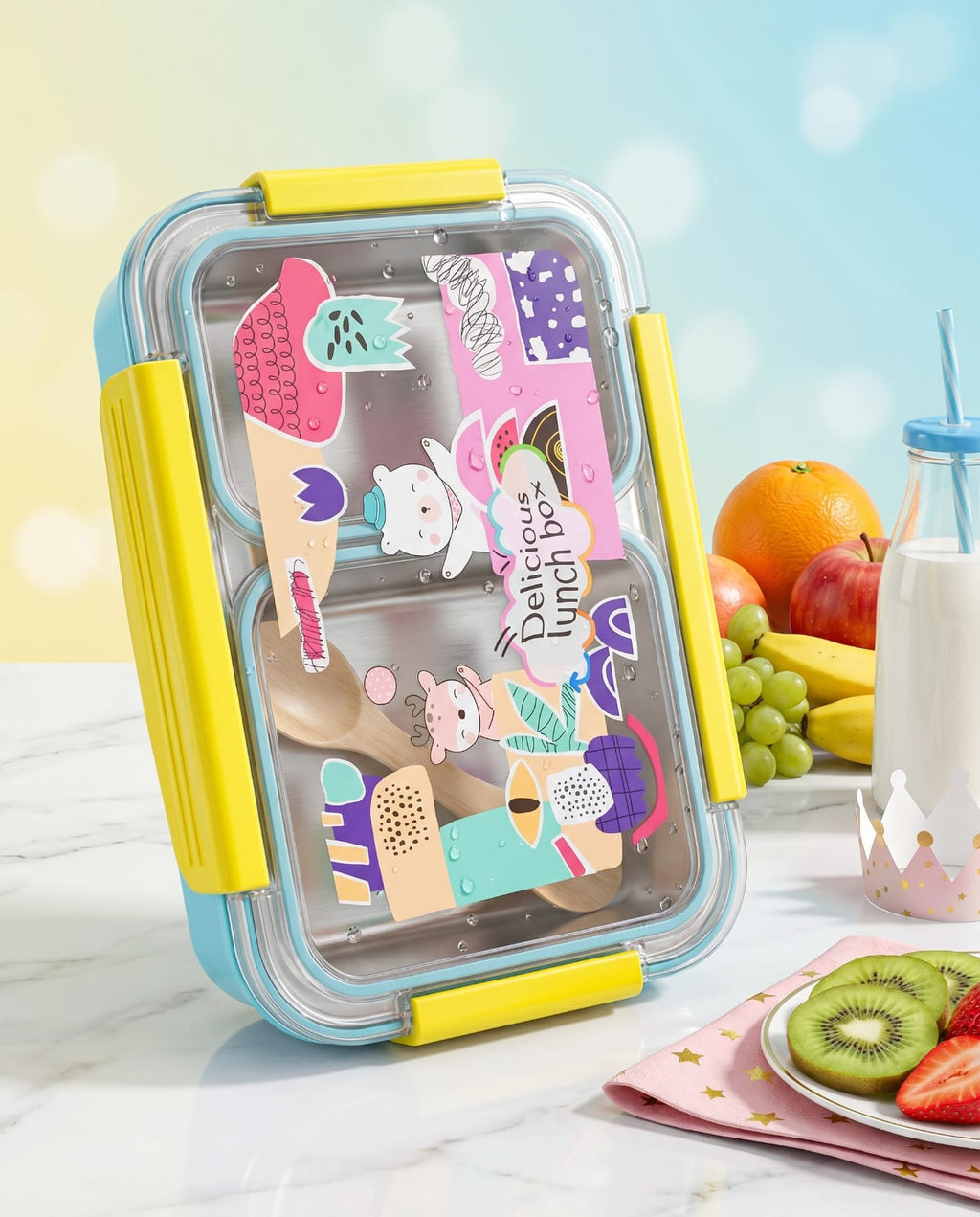 Kids Stainless Steel Leakproof Lunch Box with 2 Compartments - Cute Cartoon Design