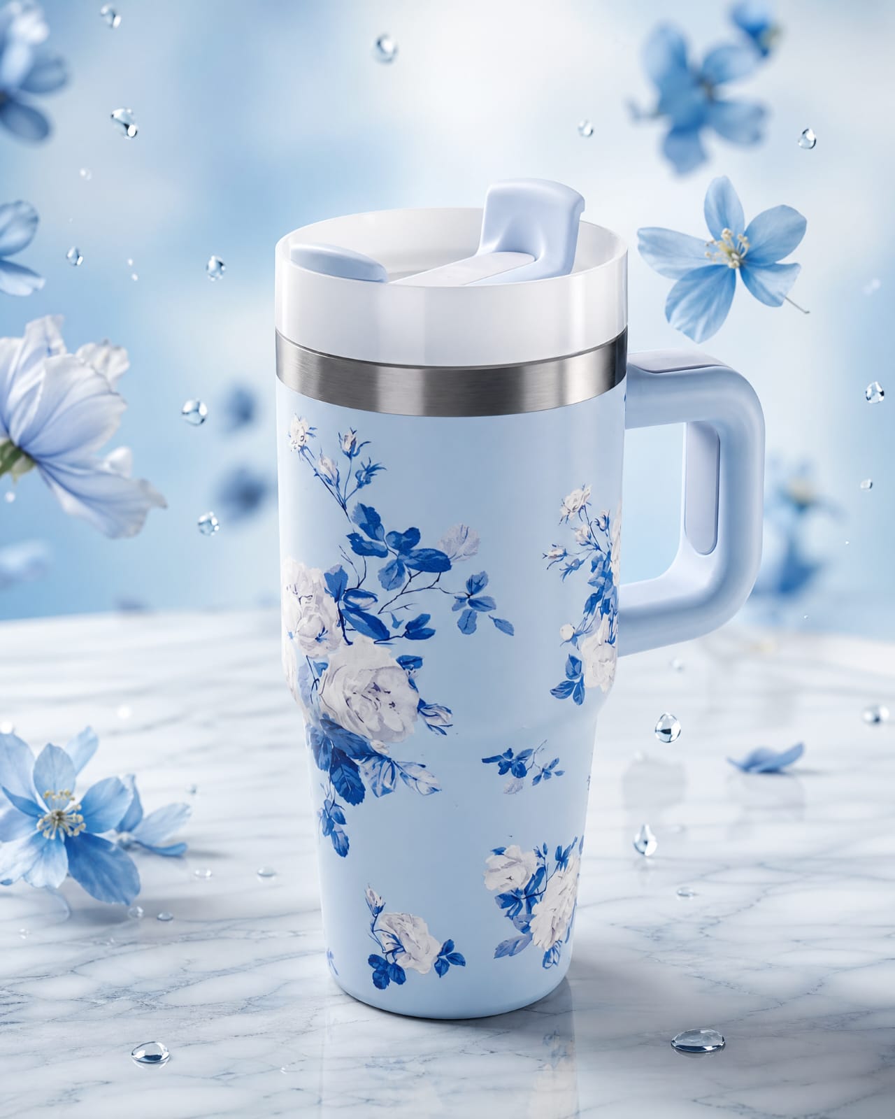 40 oz Insulated Stainless Steel Tumbler with Handle - Floral Print Travel Mug