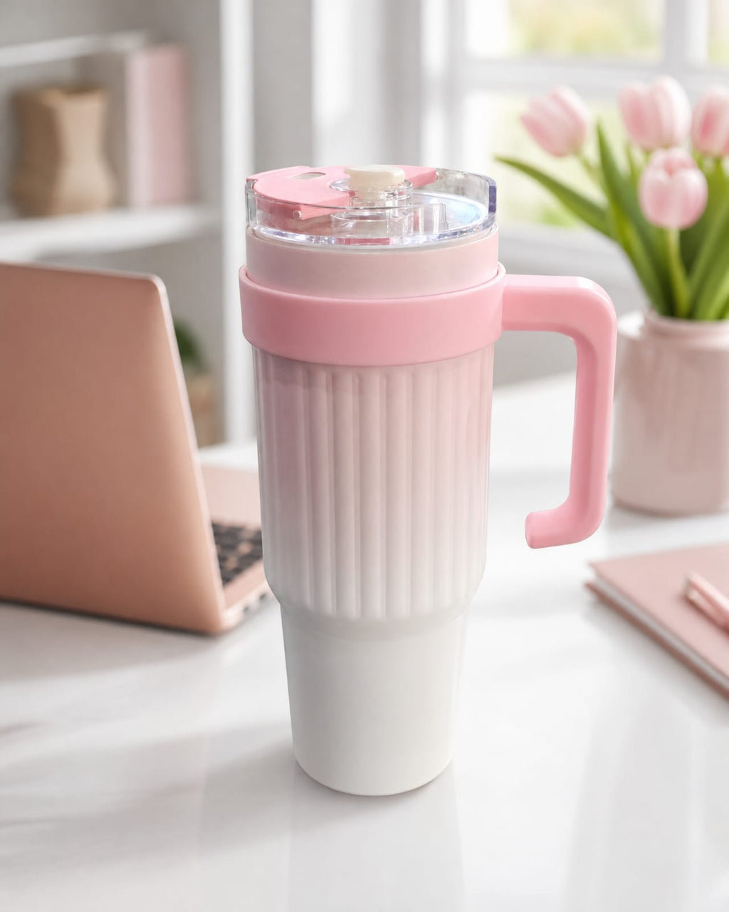40oz Gradient Tumbler with Handle | Spill-Proof Flip Lid | Insulated Stainless Steel Cup