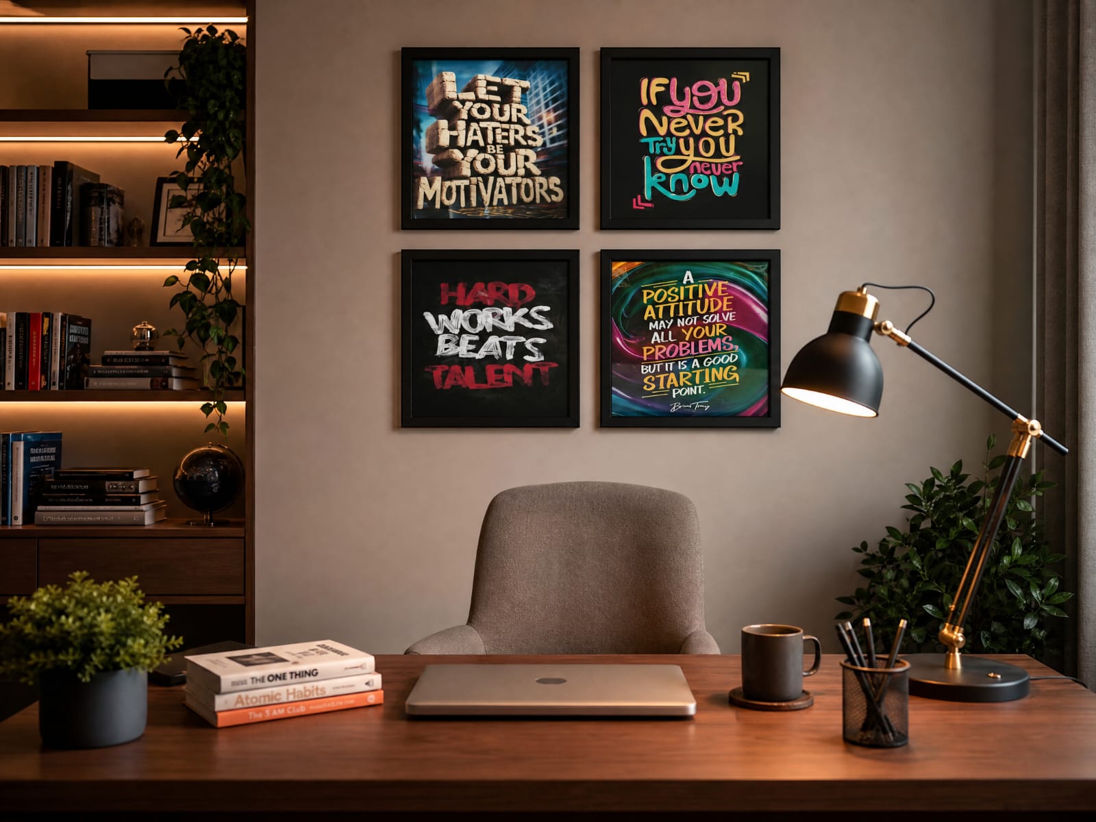 4-Piece Motivational Wall Art Set | Office & Study Room Decor | Framed Quote Posters for Productivity