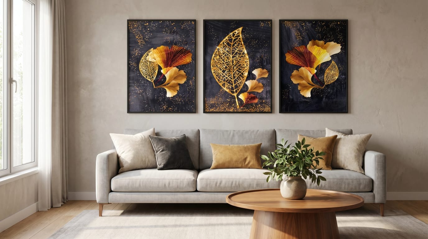 Golden Ginkgo Leaf 3-Piece Wall Art Set