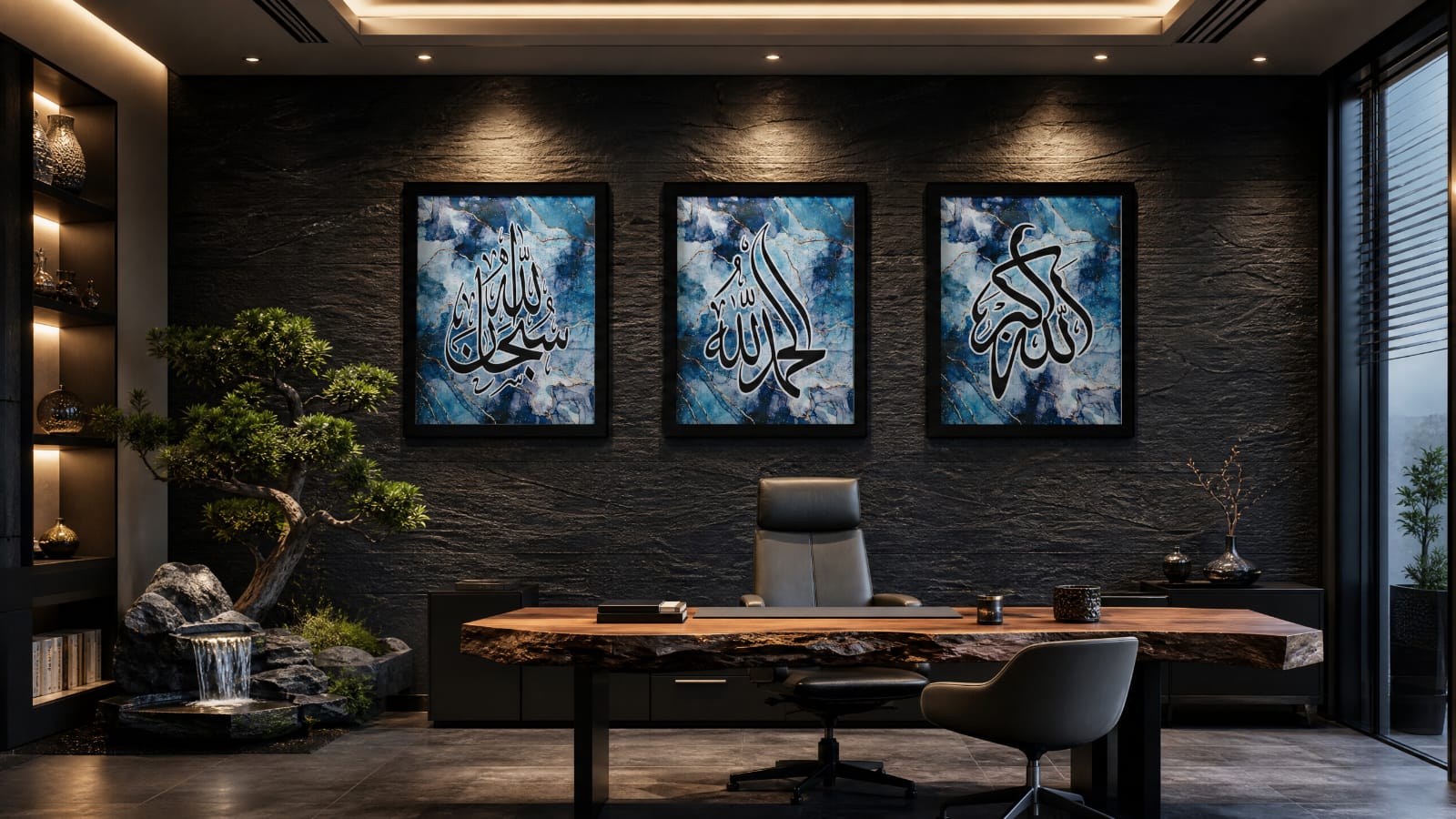 Set of 3 Islamic Wall Ary - SubhanAllah, Alhamdulillah, Allahu Akbar Blue Marble Calligraphy Frames