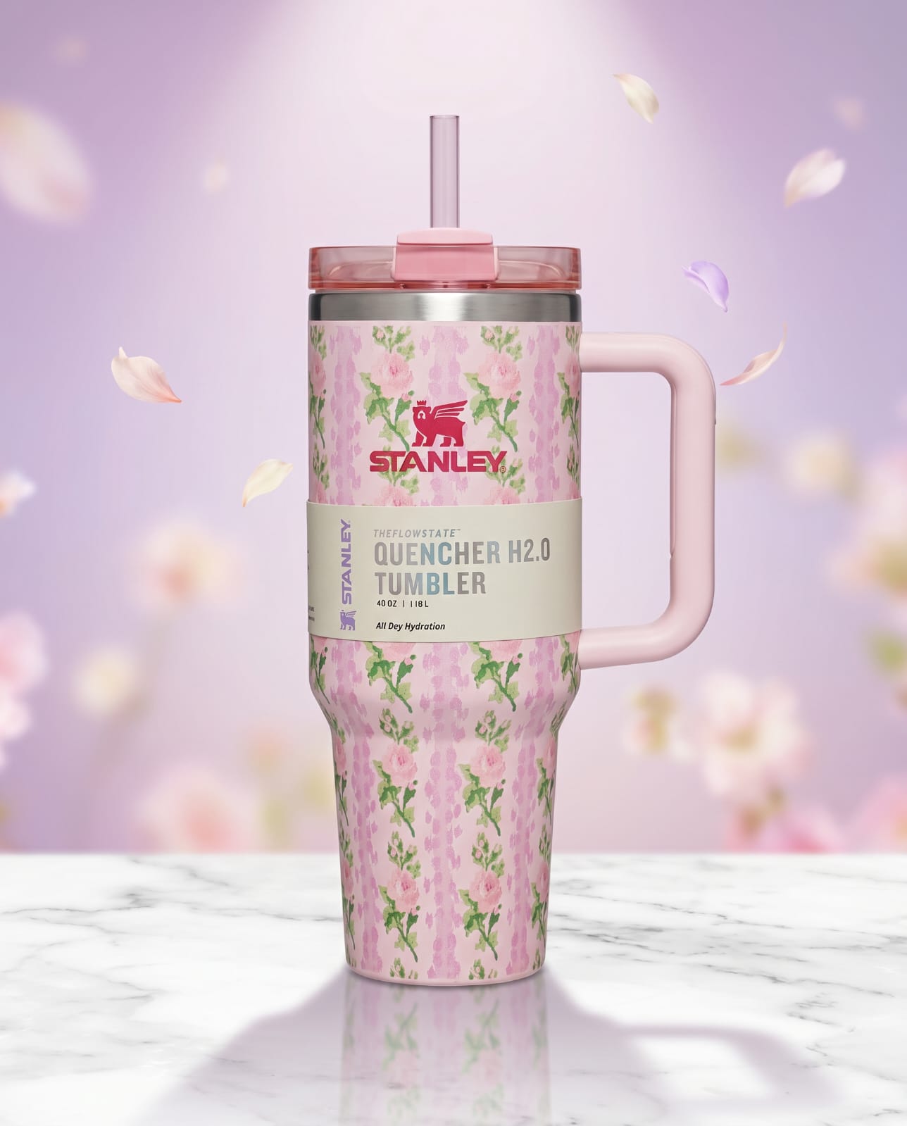 Stanley Quencher H2.0 40oz Floral Pink Tumbler | Double Wall Insulated Travel Mug with Handle