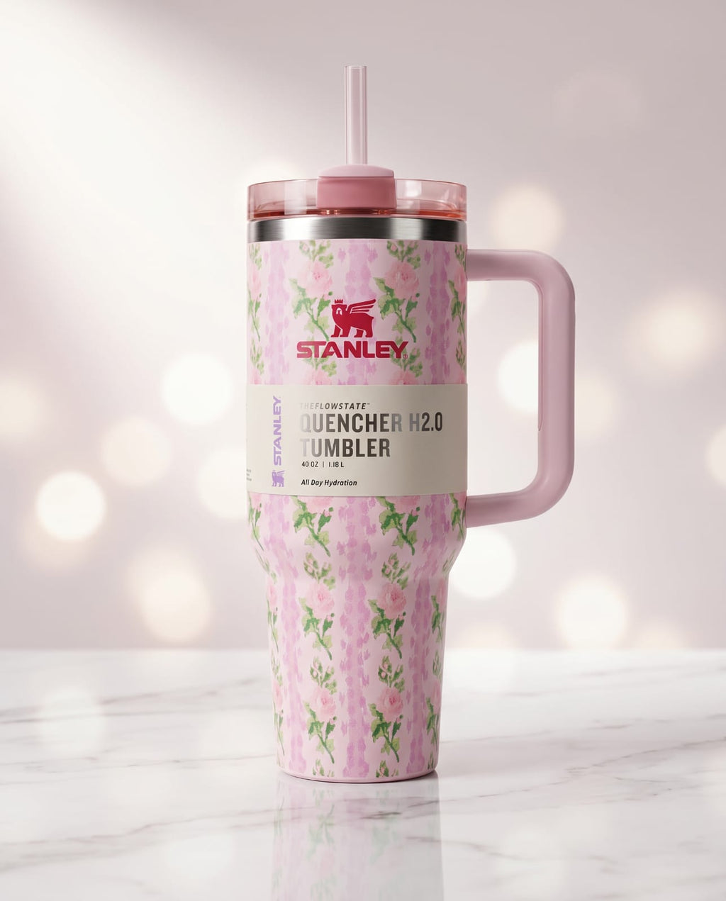Stanley Quencher H2.0 40oz Floral Pink Tumbler | Double Wall Insulated Travel Mug with Handle