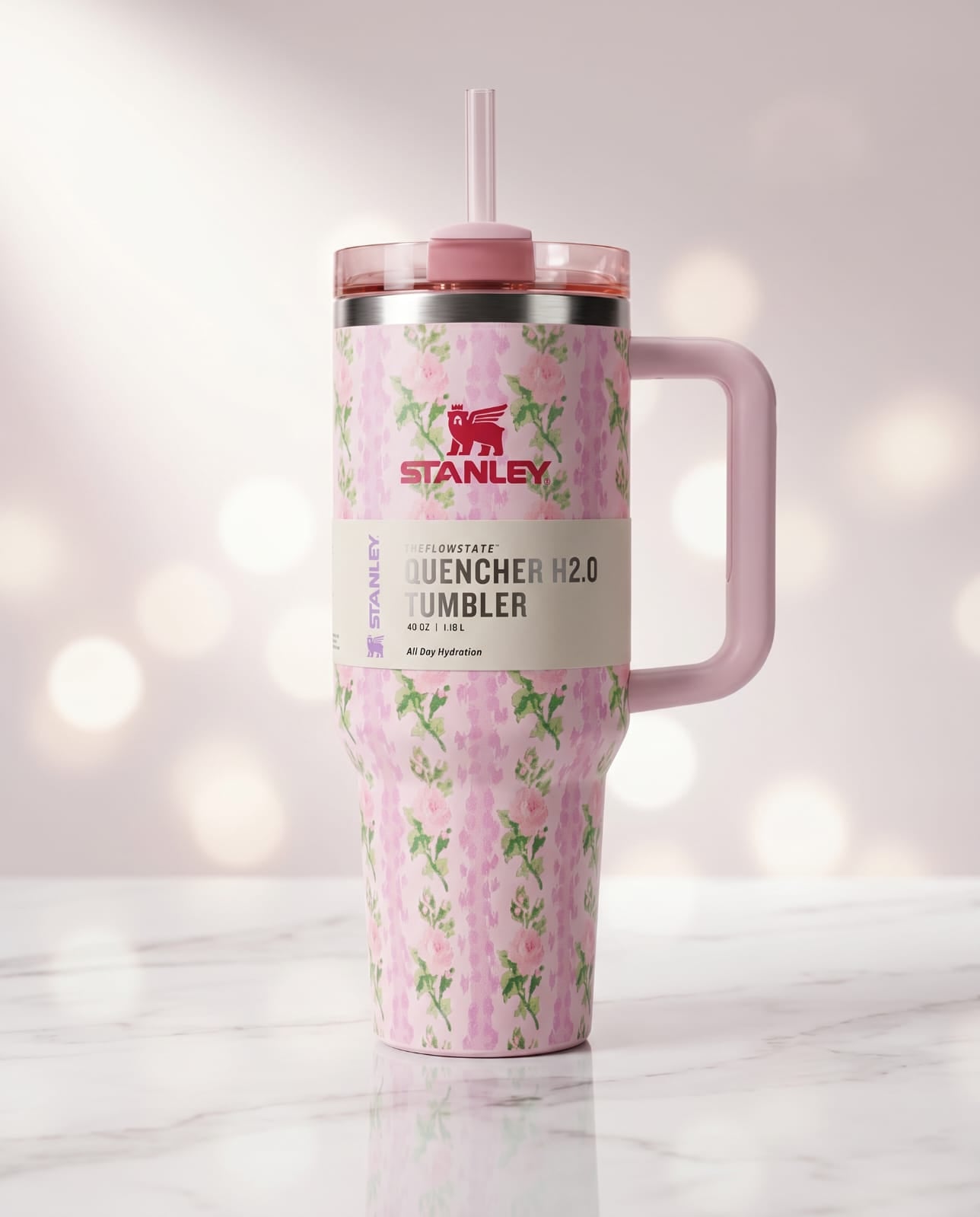 Stanley Quencher H2.0 40oz Floral Pink Tumbler | Double Wall Insulated Travel Mug with Handle