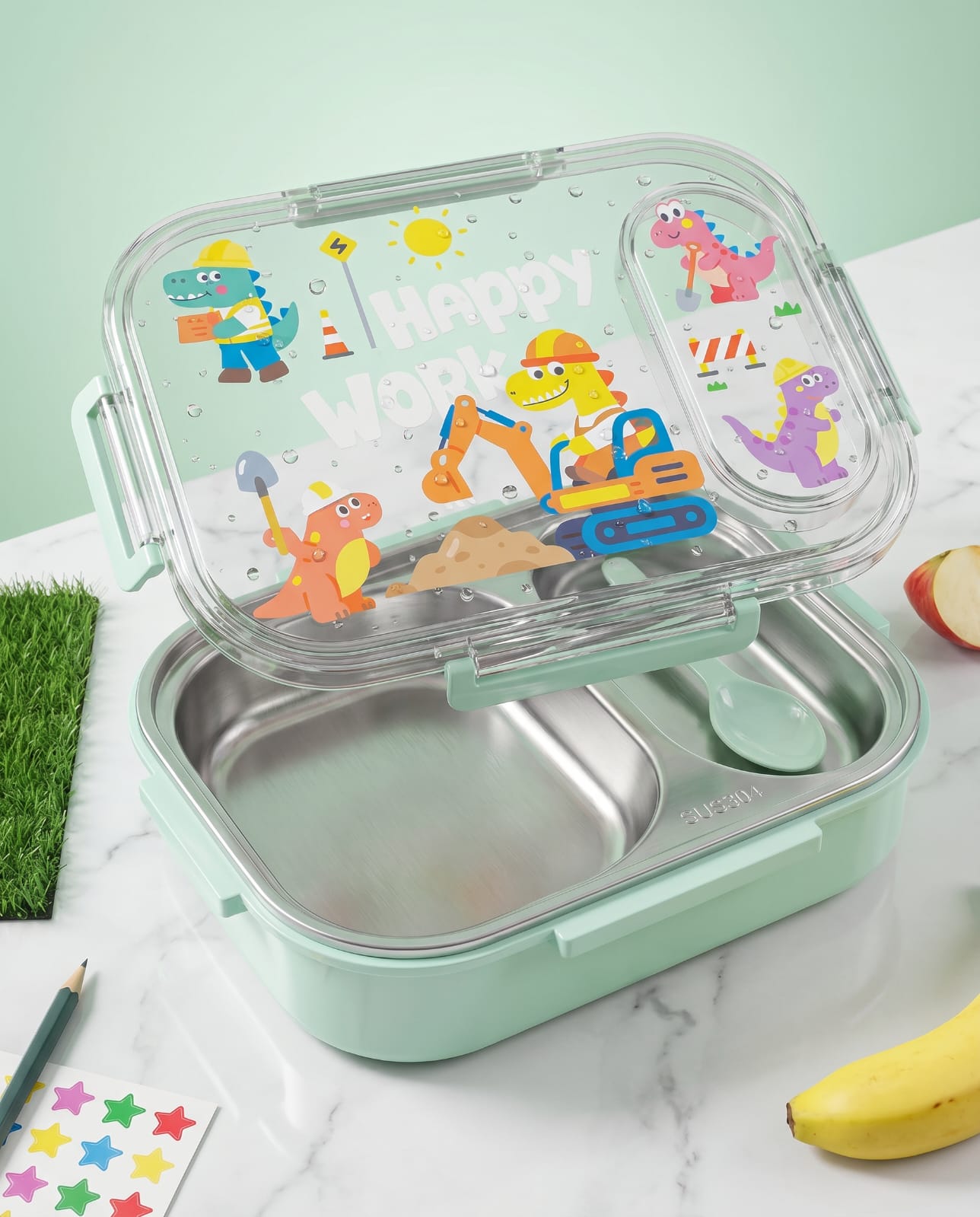 Happy Work Dino Construction 2-Compartment Stainless Steel Lunch Box
