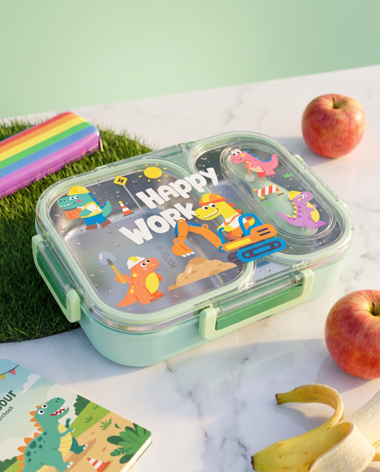 Happy Work Dino Construction 2-Compartment Stainless Steel Lunch Box