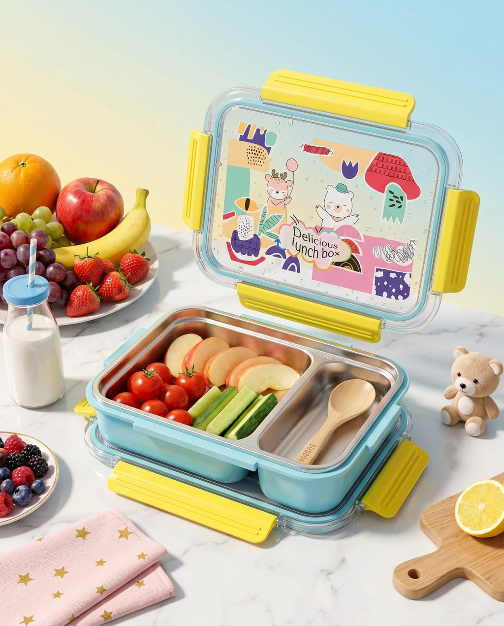 Kids Stainless Steel Leakproof Lunch Box with 2 Compartments - Cute Cartoon Design