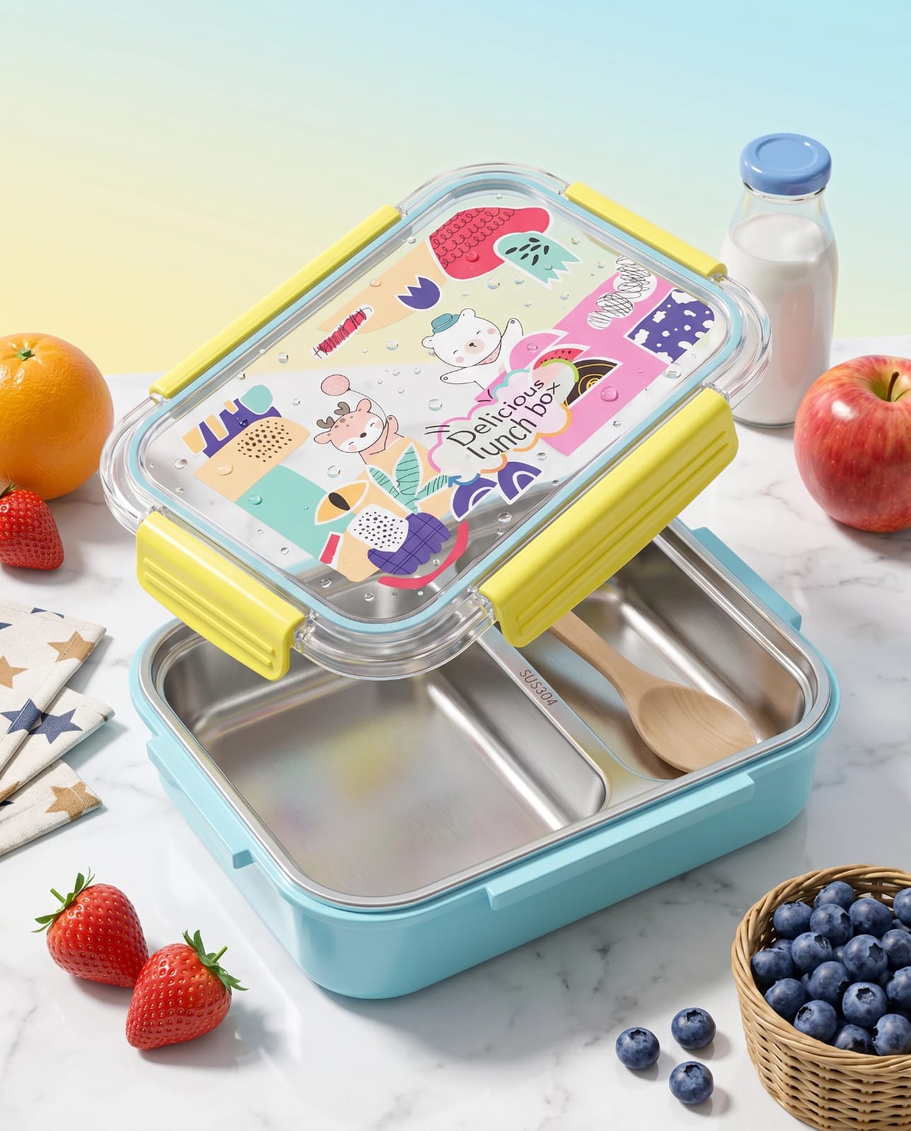 Kids Stainless Steel Leakproof Lunch Box with 2 Compartments - Cute Cartoon Design