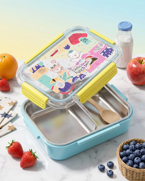 Kids Stainless Steel Leakproof Lunch Box with 2 Compartments - Cute Cartoon Design