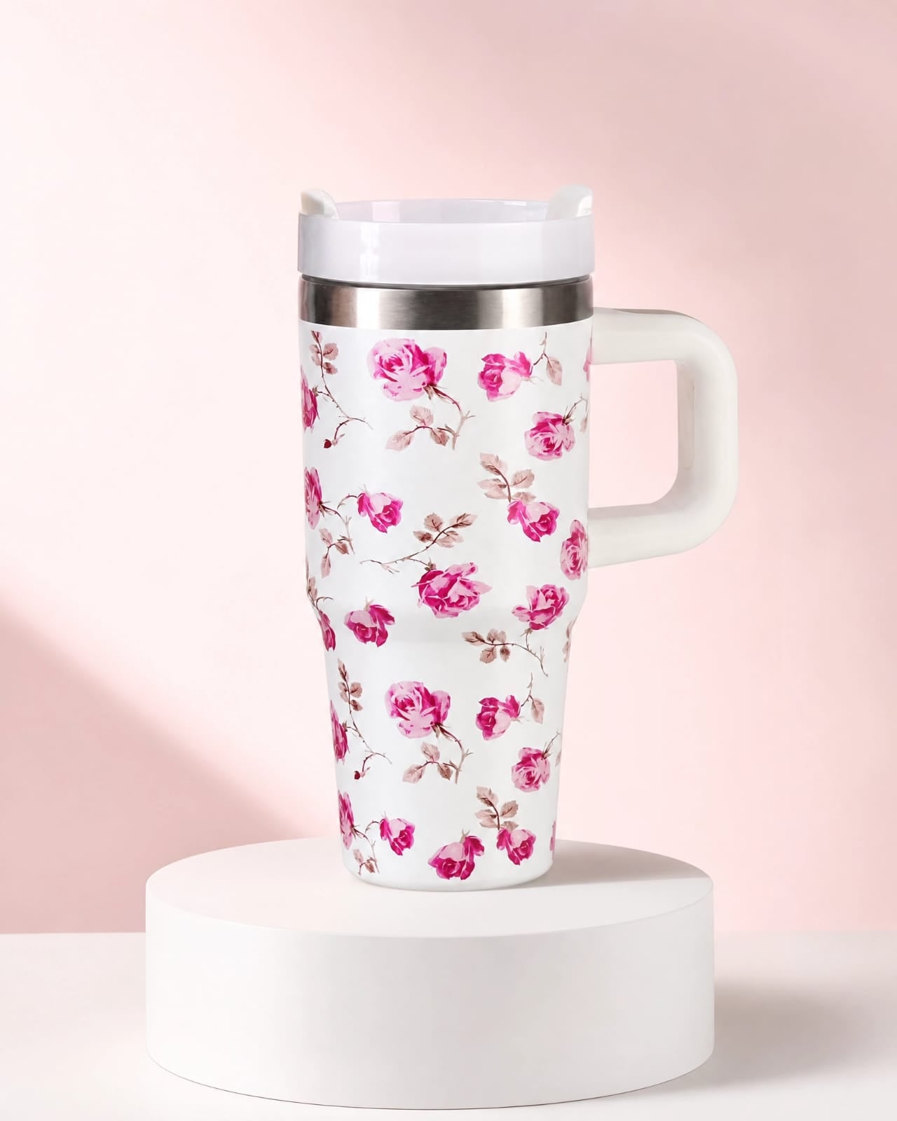 40 oz Insulated Stainless Steel Tumbler with Handle - Floral Print Travel Mug