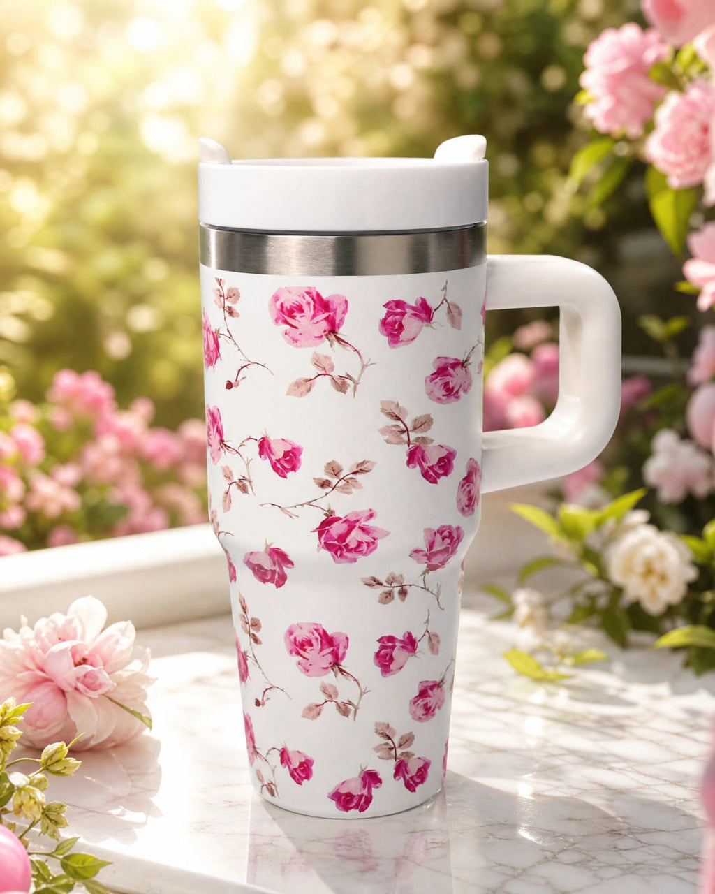 40 oz Insulated Stainless Steel Tumbler with Handle - Floral Print Travel Mug