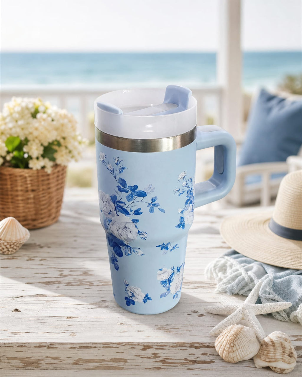 40 oz Insulated Stainless Steel Tumbler with Handle - Floral Print Travel Mug